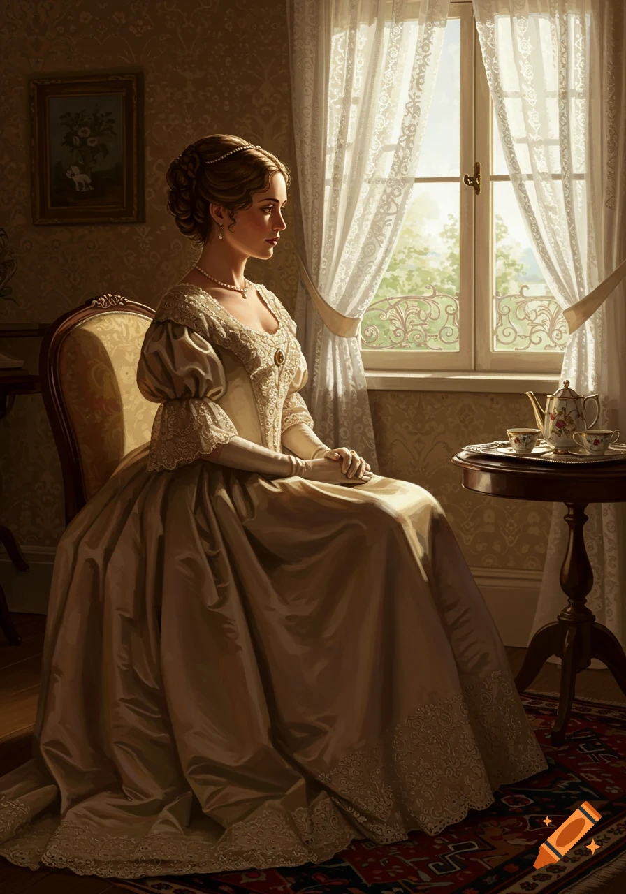 A woman in an elegant 1880s dress sits by a sunlit window with a tea set, looking contemplative.