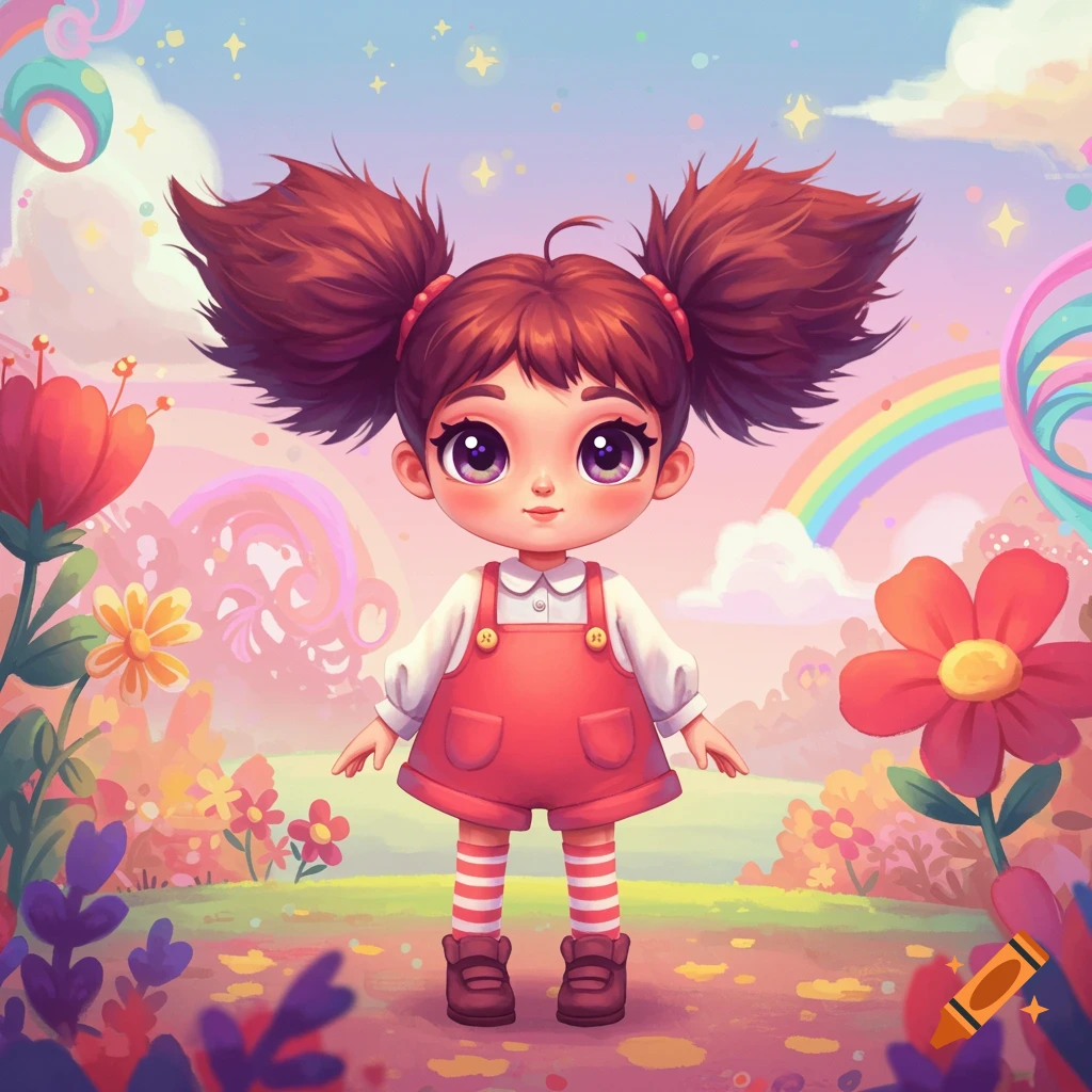 A whimsical cartoon girl with red pigtails and big eyes, wearing red overalls, standing in a colorful field with flowers and a rainbow.