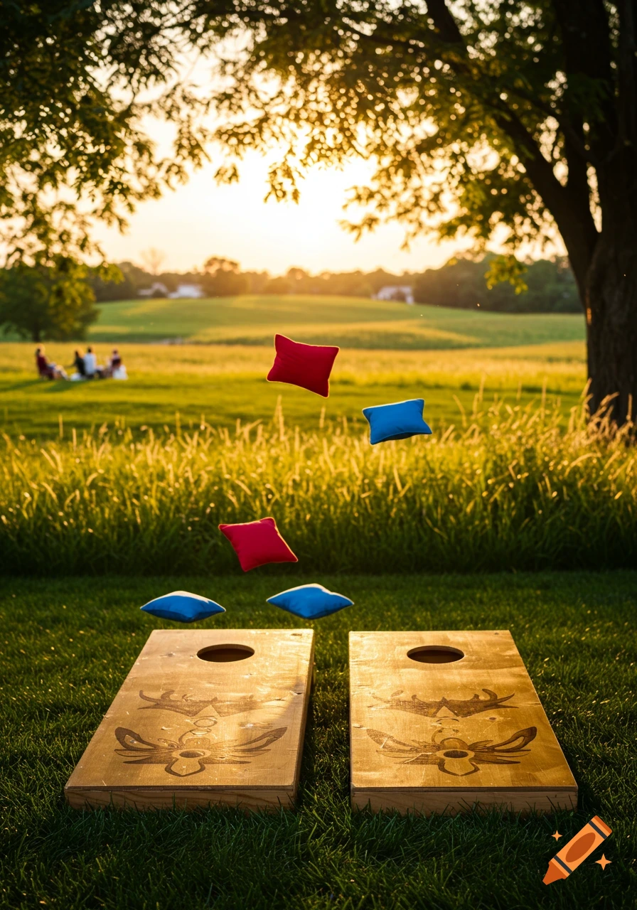 Photorealistic image of a cornhole game at sunset, with wooden boards and red and blue beanbags in mid-air, in a grassy field.