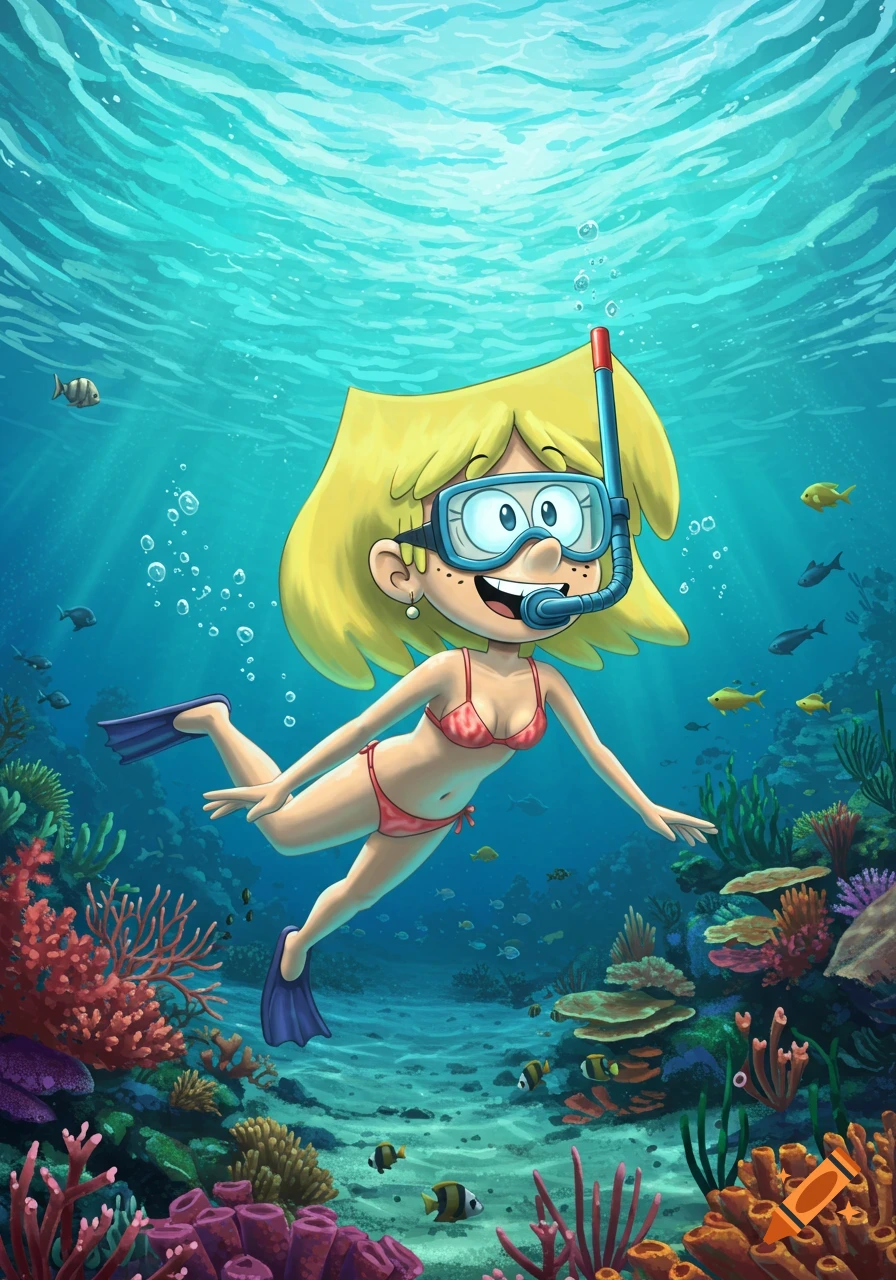 Cartoon Lori Loud in a bikini and snorkel mask swims underwater in a colorful coral reef.