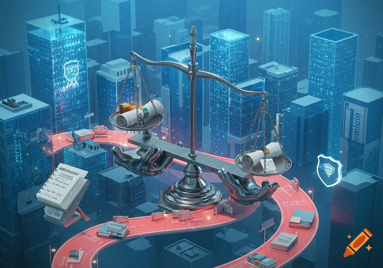 An abstract 3D rendering of the scales of justice in a futuristic blue city, with documents and cars on a red road.