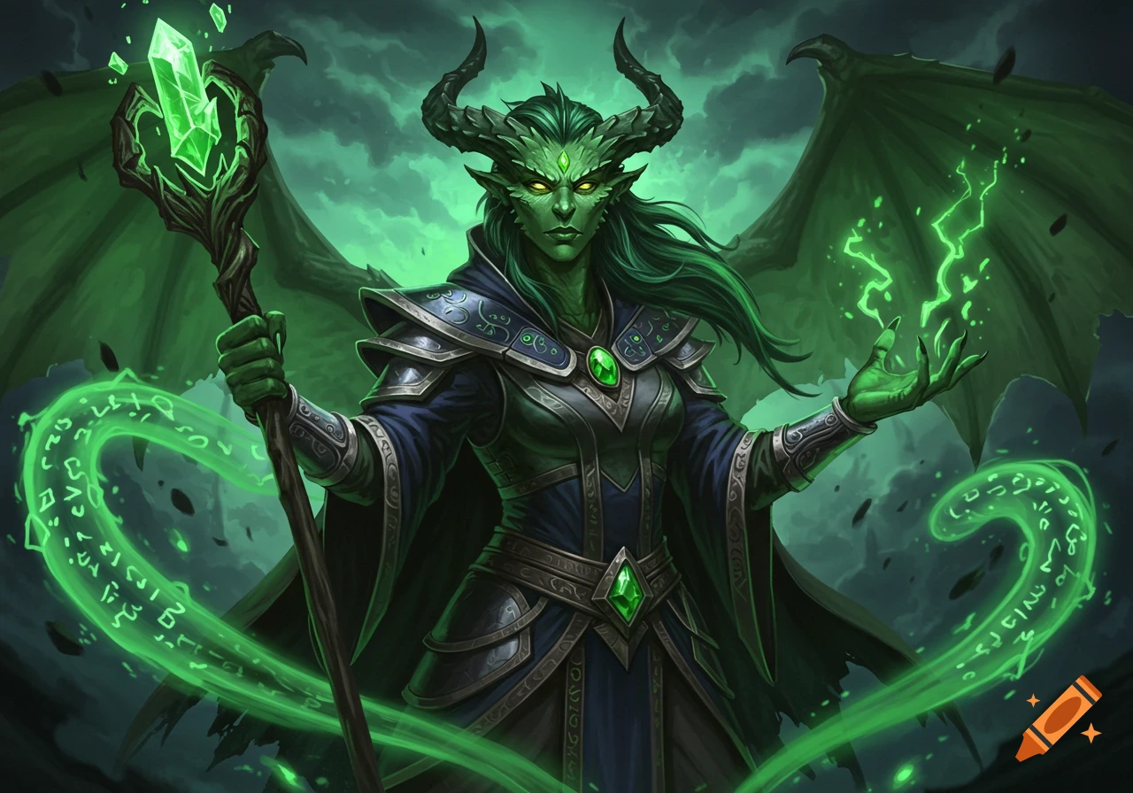 Portrait of an emerald-skinned, horned warlock with large wings, glowing green eyes, holding a staff, and casting green magic.