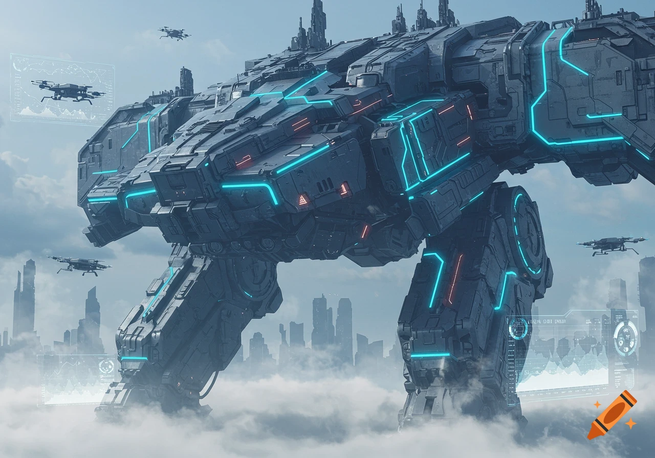 A massive, futuristic black mech with glowing blue lines stands over a foggy cityscape with drones flying around.