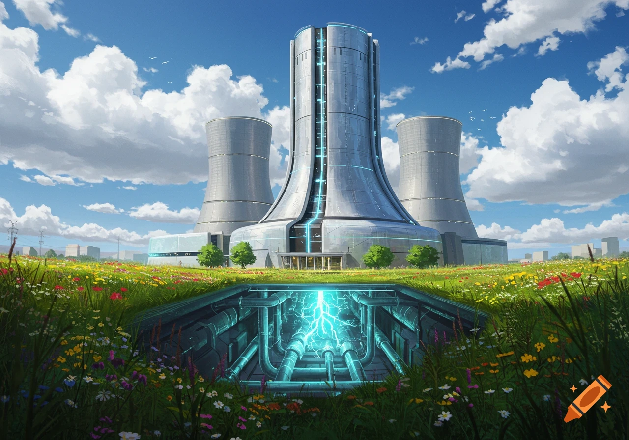 A futuristic power plant with glowing blue energy visible underground, surrounded by a vibrant field of wildflowers under a cloudy sky.
