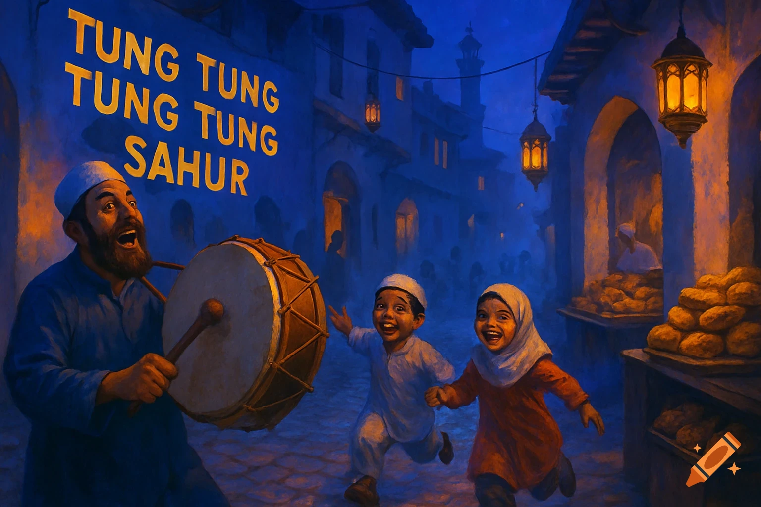 A man beats a drum and two excited children run in a dark, lantern-lit street, signaling Sahur, in a painterly style.