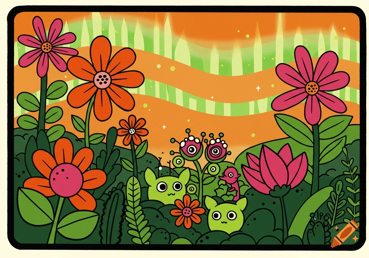 A vibrant, psychedelic cartoon illustration of a garden with colorful flowers and green, blob-like creatures, in a 1970s poster style.