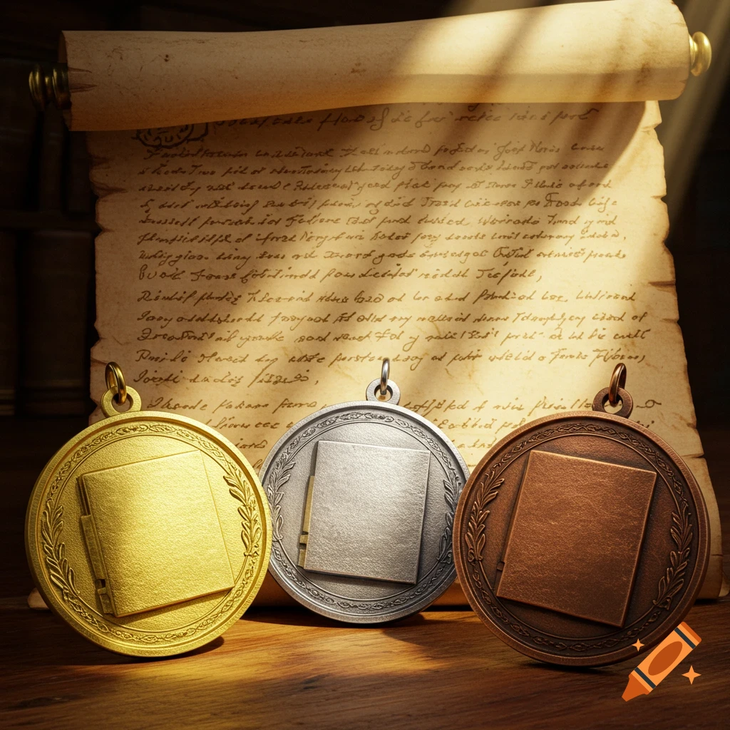 Gold, silver, and bronze medals with book designs on a wooden surface, in front of an ancient scroll.