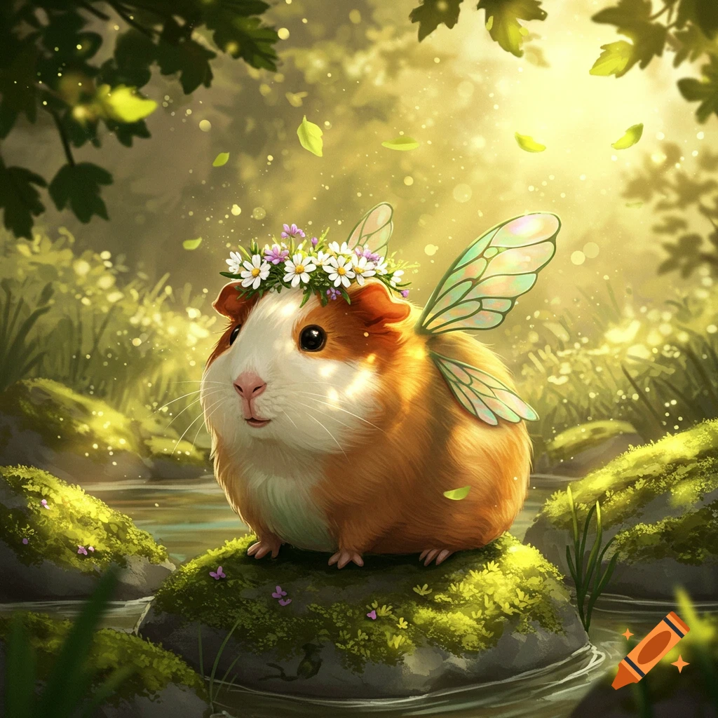 A cute guinea pig with delicate fairy wings and a flower crown sits on a mossy rock in a sun-dappled magical forest.
