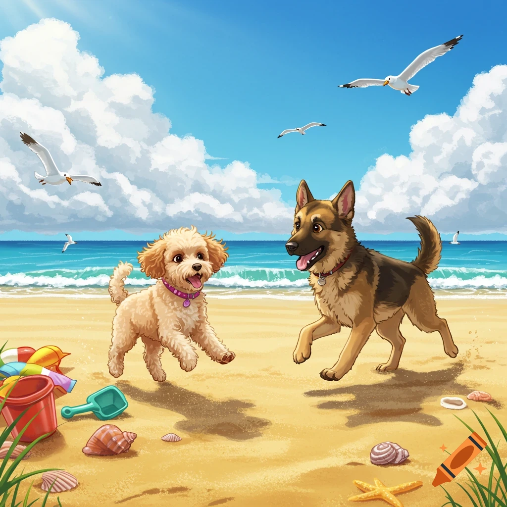Illustrated German Shepherd and fluffy dog playing on a sunny beach with seagulls and ocean waves.