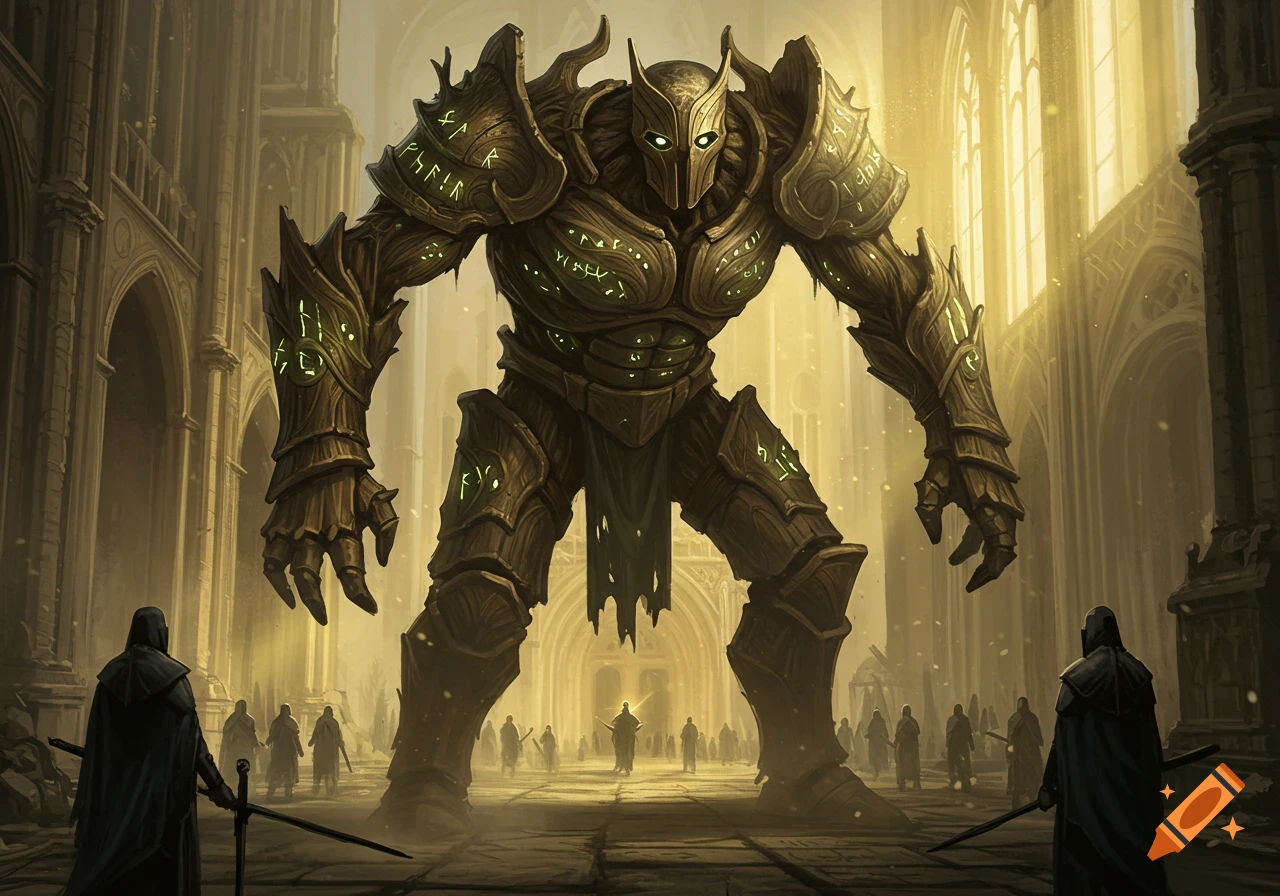 An imposing, large, armored golem covered in glowing runes stands in a grand, ancient cathedral with smaller figures nearby.