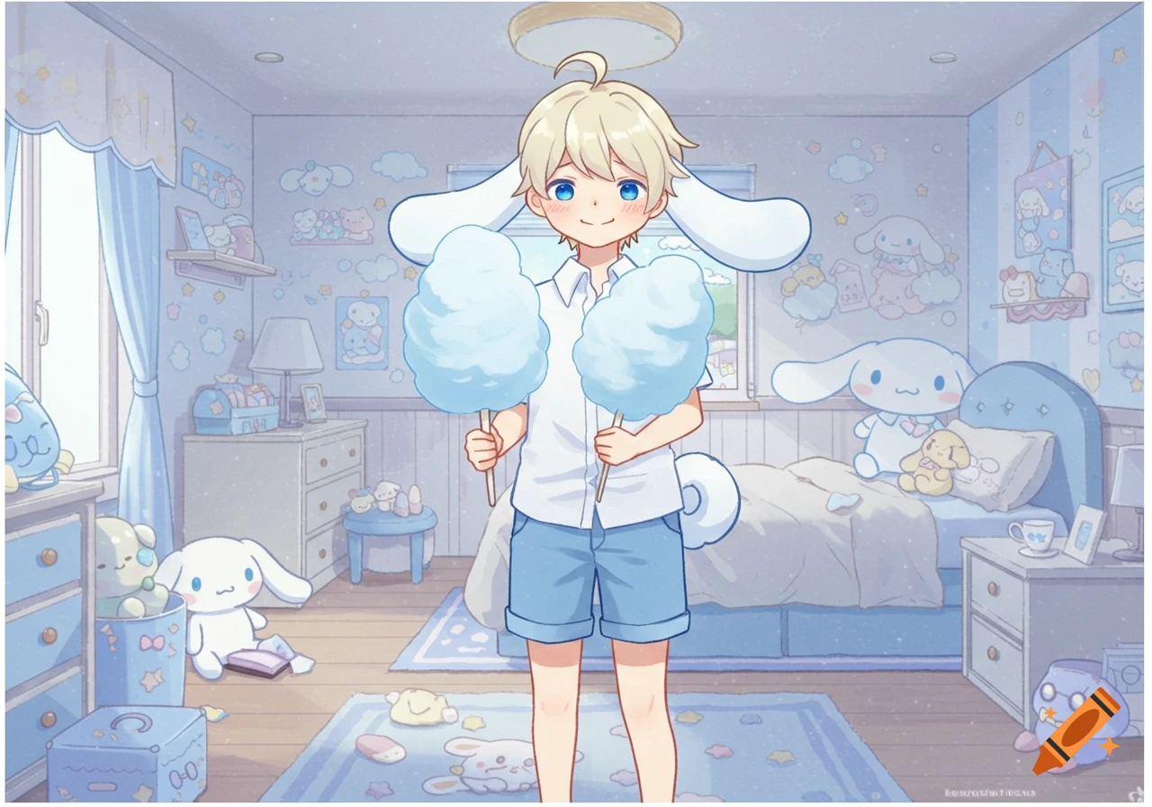 A human boy with blonde hair and Cinnamoroll-like ears and tail, holding two blue cotton candies, stands in a Cinnamoroll-themed blue and white bedroom. Anime style.