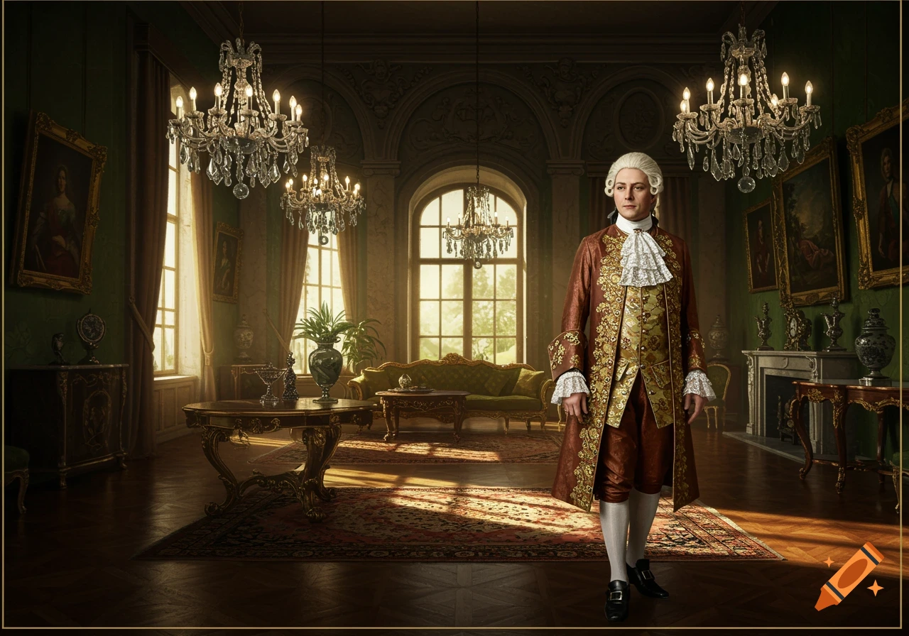 A man in a brown and gold 1700s suit with a white wig stands in an ornate, chandelier-lit room with large windows.