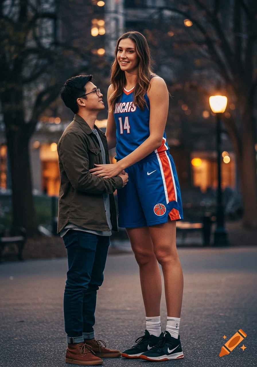 A tall female basketball player in a blue uniform smiles at her shorter boyfriend in casual clothes on an urban street. Photorealistic.