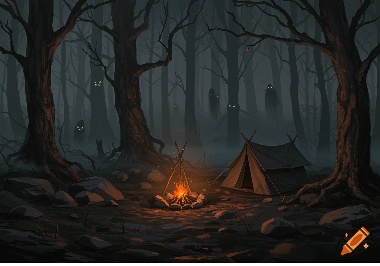 Digital art of a spooky campsite in a dark, misty forest with a glowing campfire and shadowy figures with bright eyes in the background.
