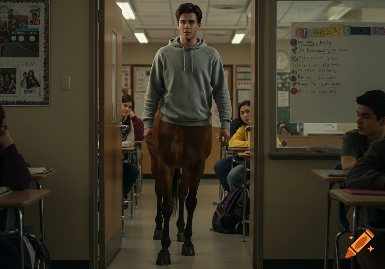 A male centaur in a grey hoodie walks through a high school classroom as students stare at him. Photorealistic style.