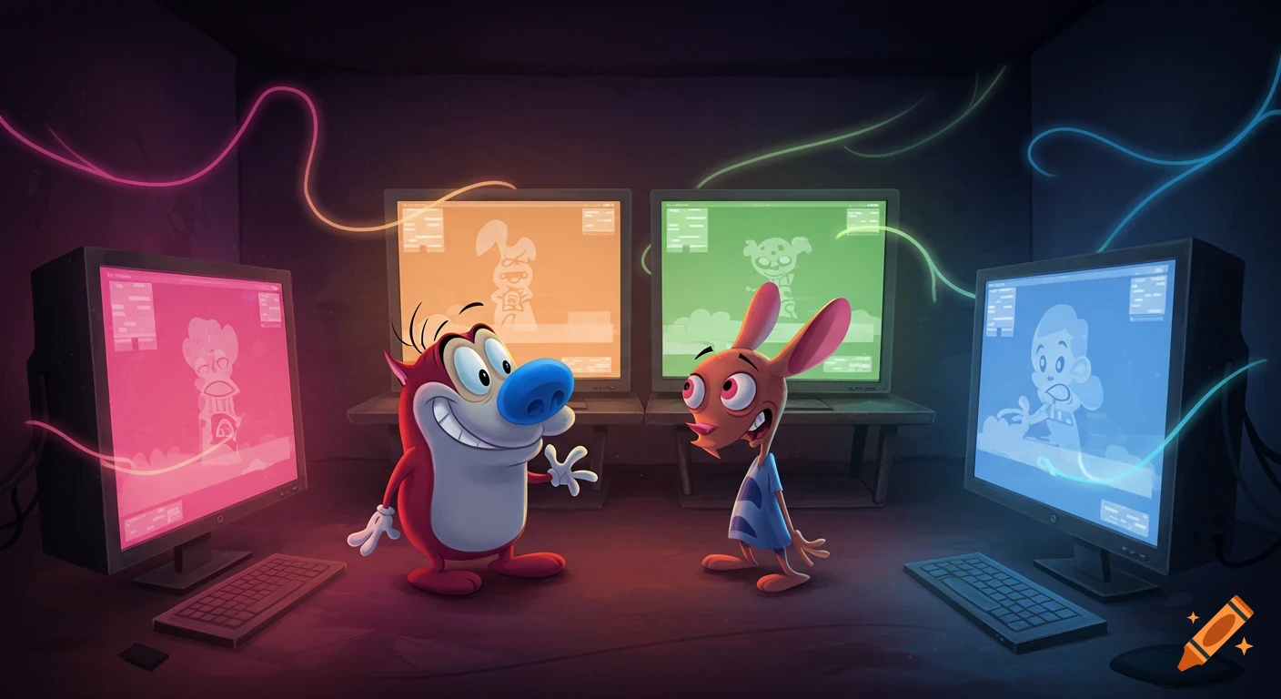 Ren and Stimpy stand between four glowing computer monitors displaying abstract images, in a stylized dark room.
