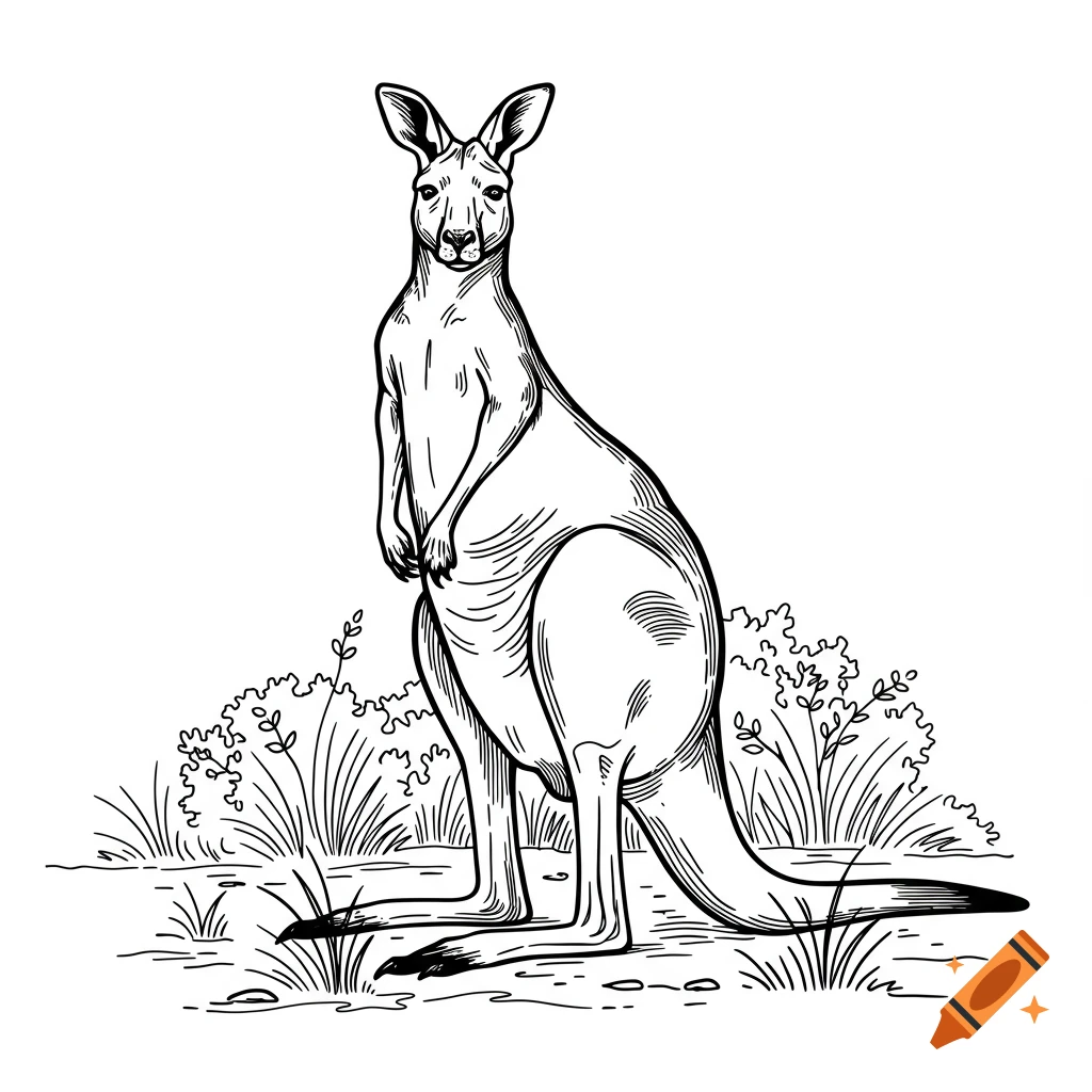 A black and white line art drawing of a kangaroo standing in front of small bushes and grass.