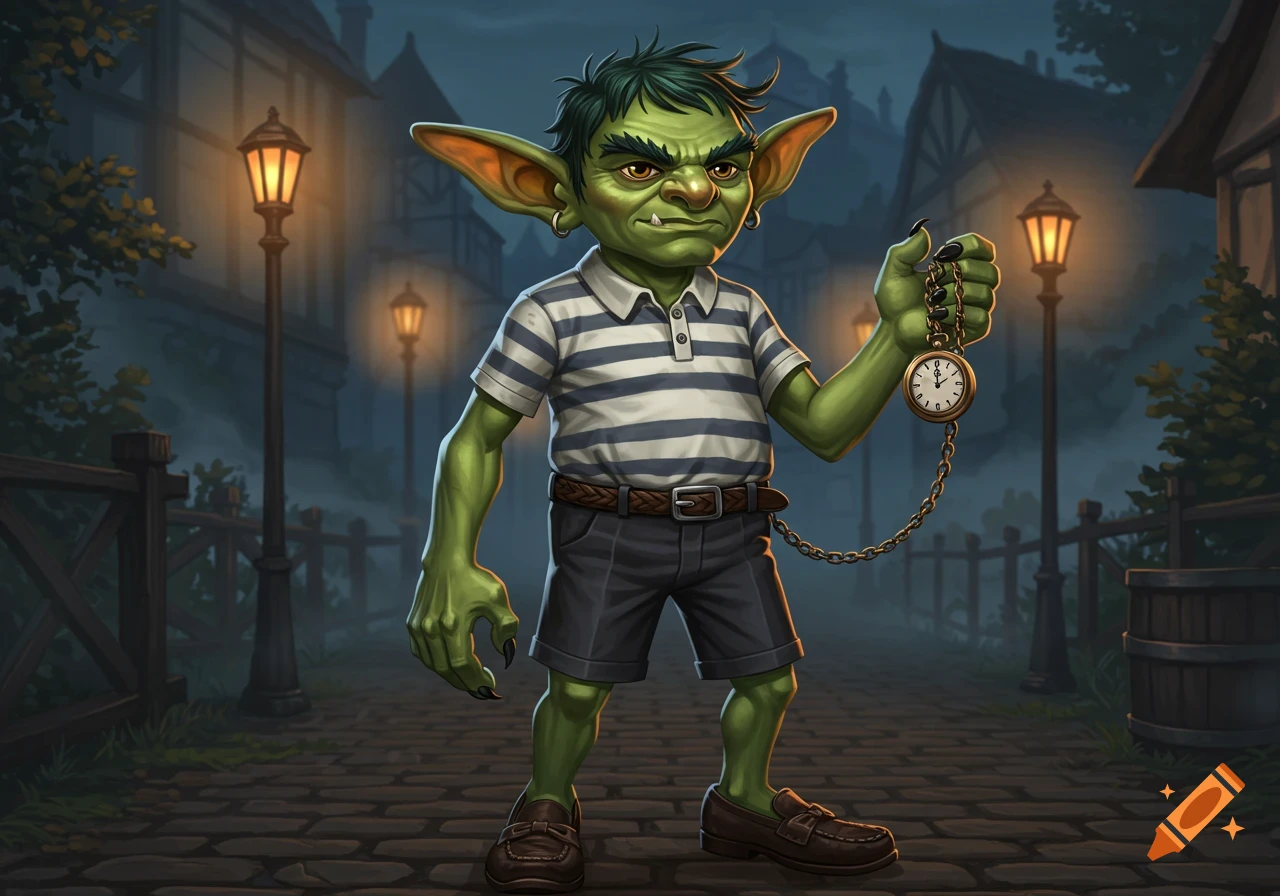 A green-skinned goblin man with a scowl, wearing a striped polo shirt, shorts, and loafers, holds a pocket watch on a chain in a misty village street at night.