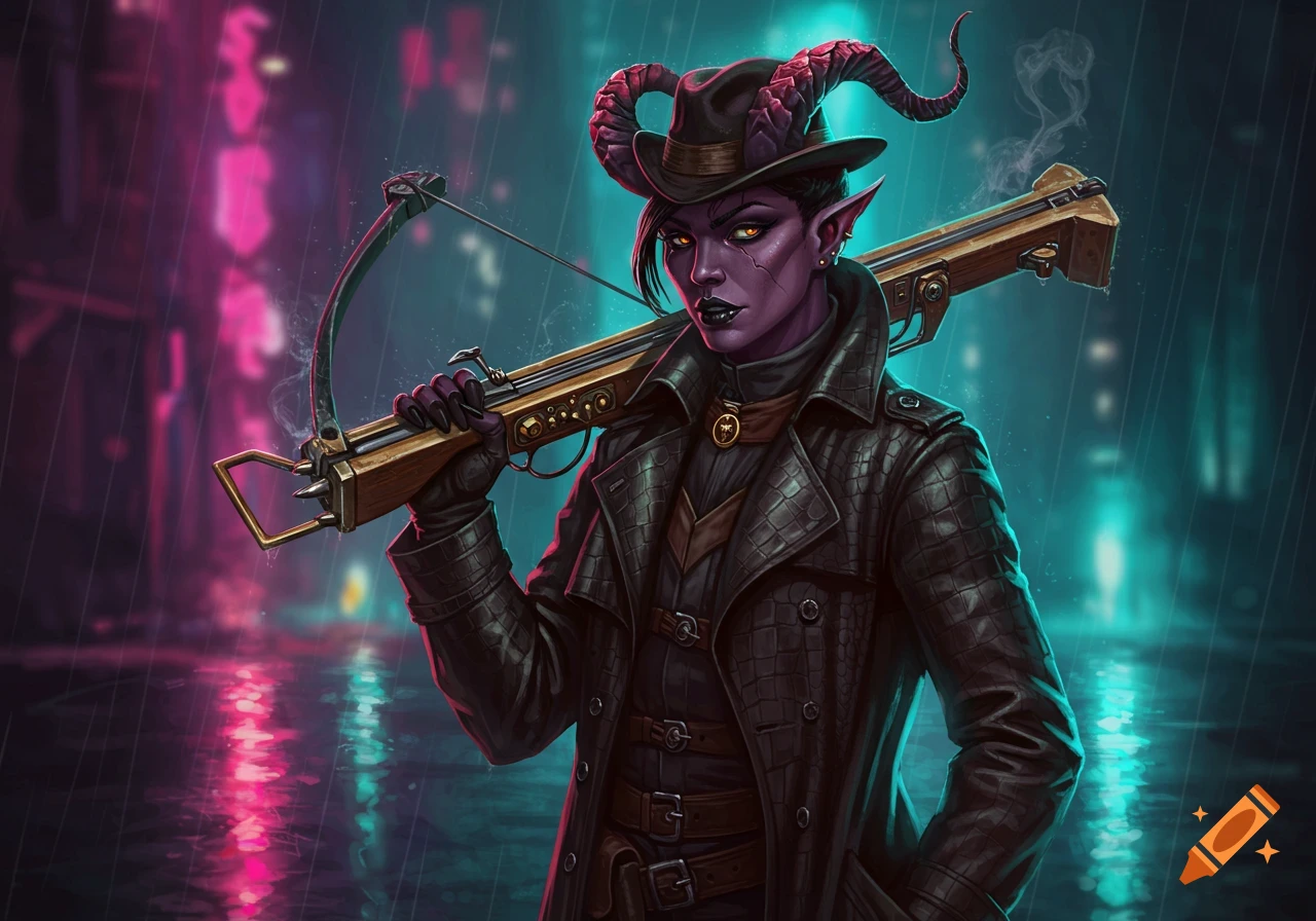 A purple-skinned Tiefling in a black alligator leather trench coat and stovepipe hat, holding a crossbow on a rainy cyberpunk street.