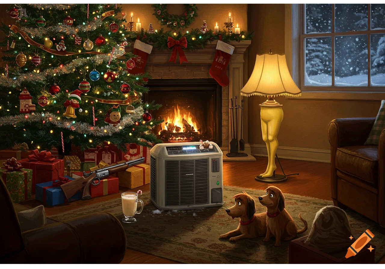 A cozy Christmas living room with a decorated tree, fireplace, leg lamp, Red Ryder BB gun, and two dogs, snowing outside.