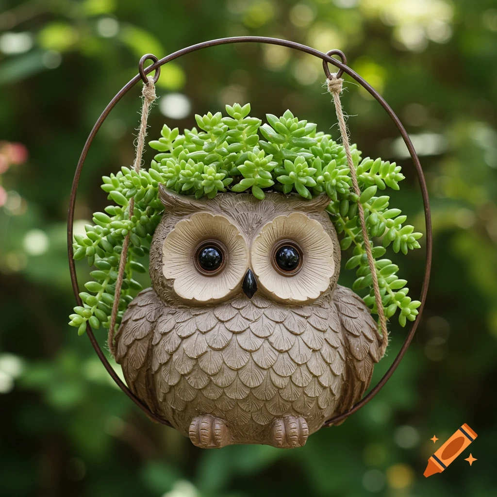 A cute resin owl-shaped flower pot hangs in a metal cradle, filled with vibrant green succulent plants against a blurred green background.