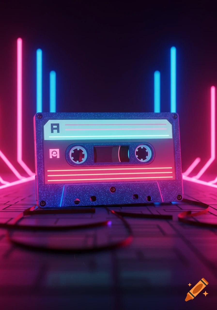 Colorful cassette tape glowing with neon pink and blue lights on a dark, futuristic grid background, in a digital art style.