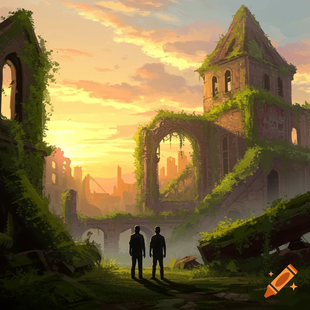 Digital painting of two figures in silhouette looking at overgrown ruins of a city under a hazy sunset sky.