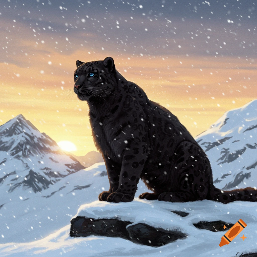 A black snow leopard with blue eyes sits on a snowy mountain peak at sunset, with snow falling. Digital painting.