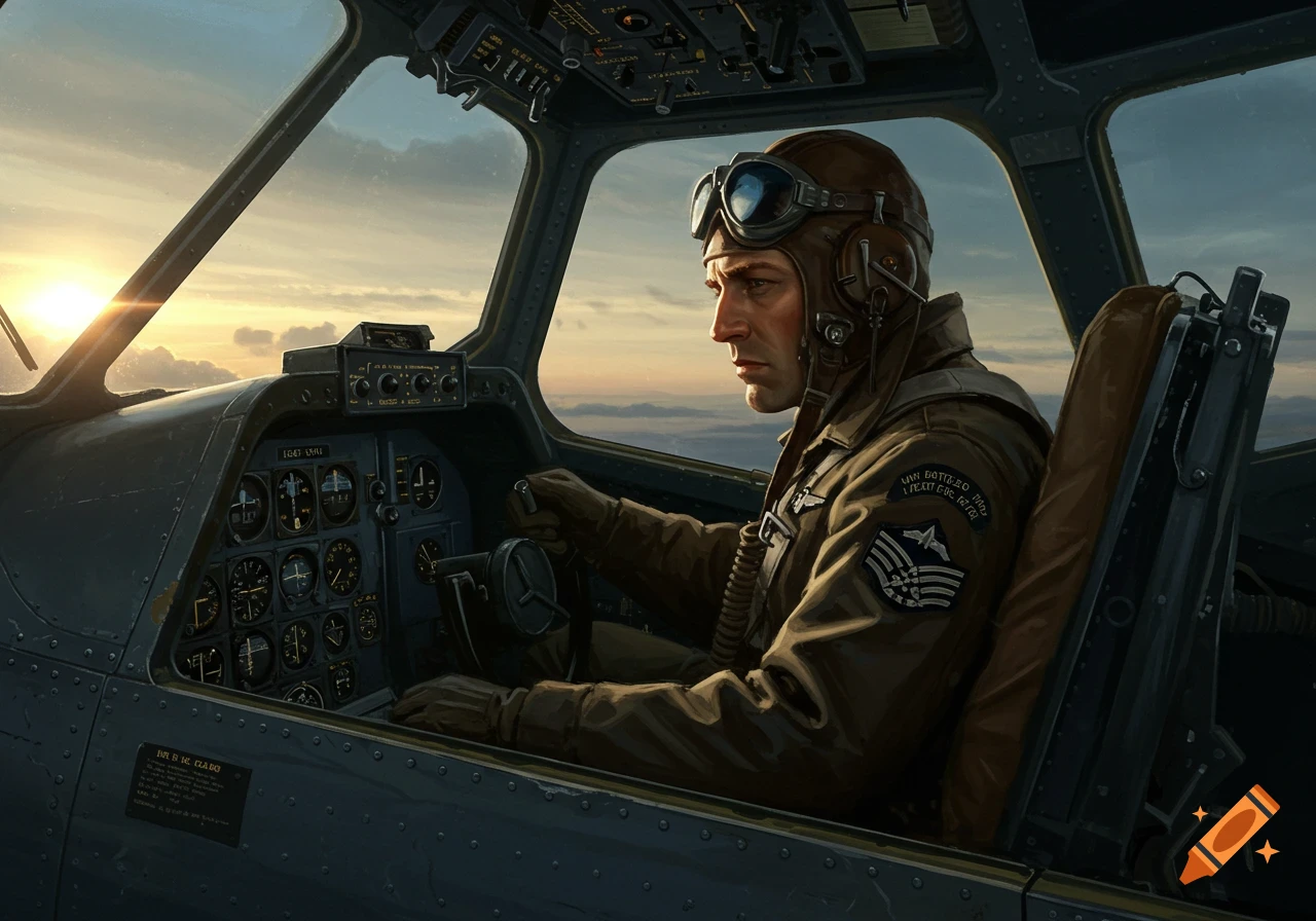 A pilot in a vintage cockpit with flight instruments and controls, flying an airplane at sunset.