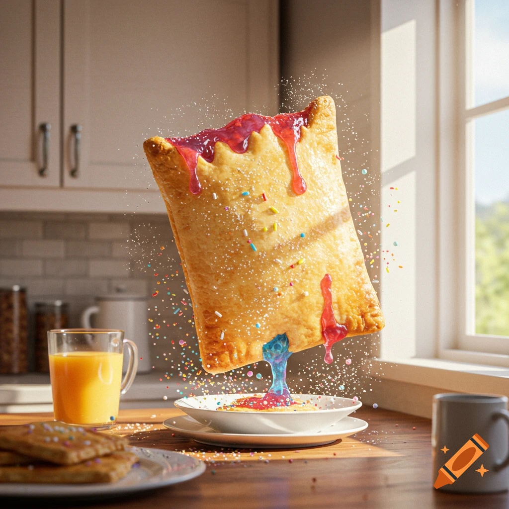 A large, floating Pop-Tart with pink and blue icing dripping, surrounded by sprinkles, in a sunny kitchen.