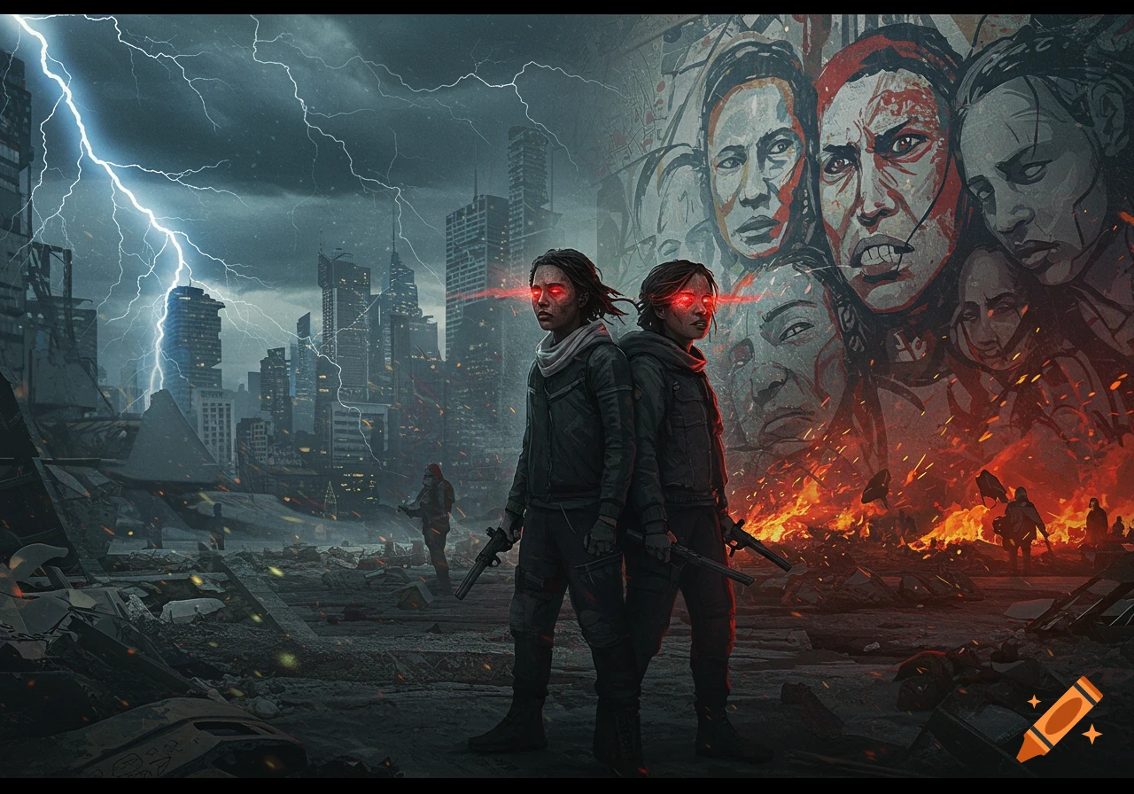 Digital art of two figures with glowing red eyes holding guns in a destroyed, stormy city with lightning, flames, and a large mural behind them.