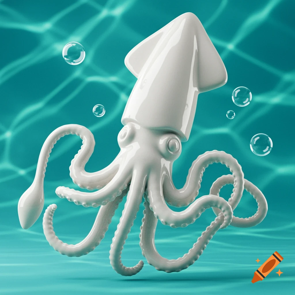 A white stylized squid with tentacles, resembling a Polo mint candy, floats in clear blue water with bubbles.