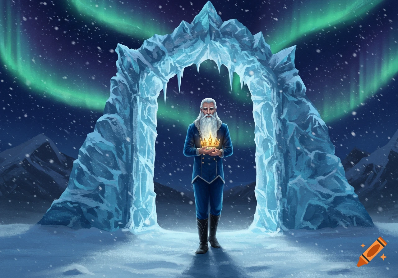 An old man with a long white beard and a blue uniform stands in a snowy landscape under an ice arch, holding a glowing golden crown. The aurora borealis lights the night sky.
