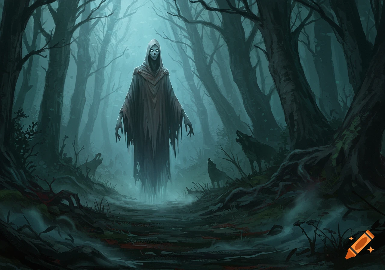 A spectral ghoul floats on a misty forest path, surrounded by howling wolves, in a dark fantasy digital painting.