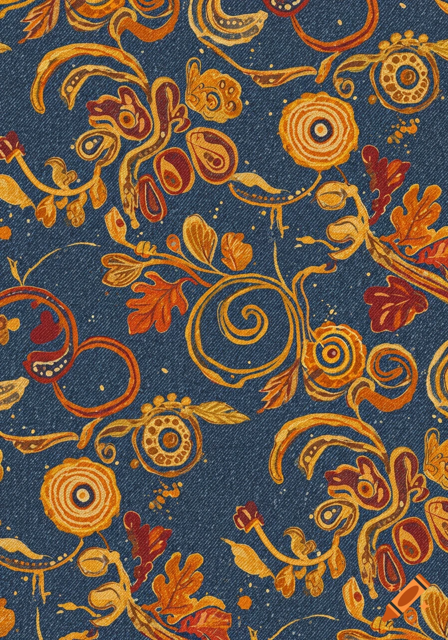 Abstract floral and leaf pattern in orange and red on a blue denim background.