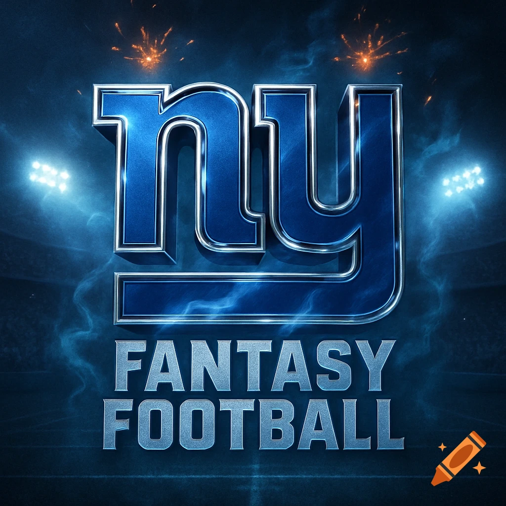 A shiny blue and silver 3D New York Giants 'NY' logo above 'FANTASY FOOTBALL' text, set against a dark background with stadium lights and sparks.