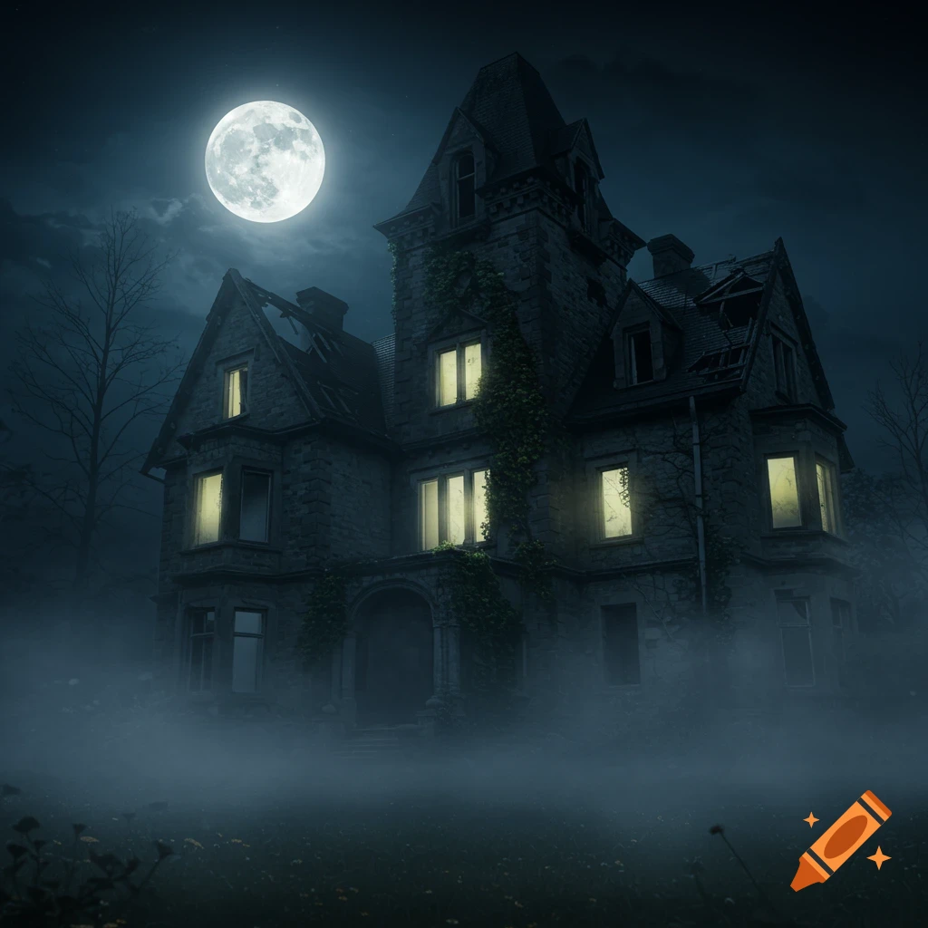A creepy abandoned mansion at night, shrouded in fog under a full moon, with overgrown plants and eerie glowing windows. Digital art.