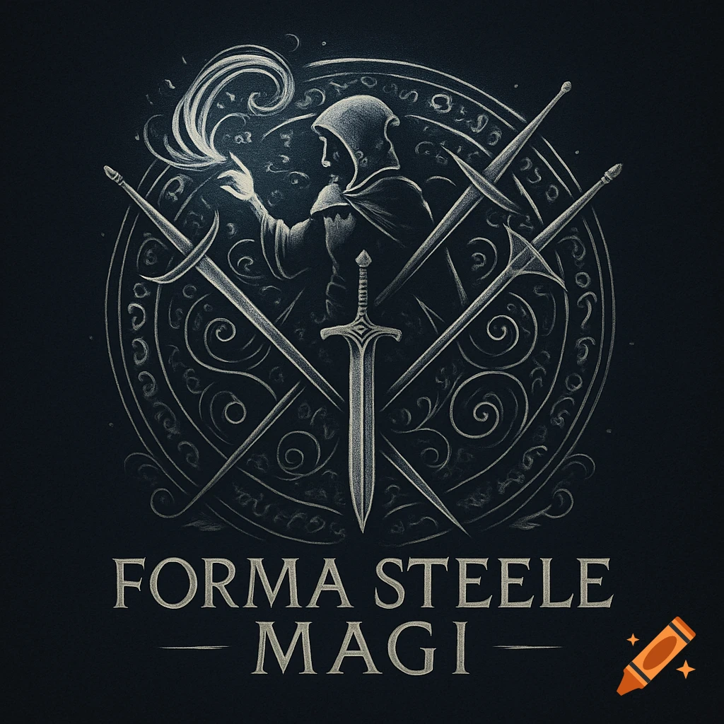 Stylized logo featuring a hooded mage, three swords, and magical swirls on a dark background with text 'FORMA STEELE MAGI'.