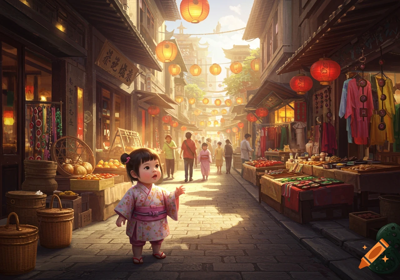 A small child in a pink kimono stands in a bustling, sunny Asian market street with lanterns overhead and food stalls.