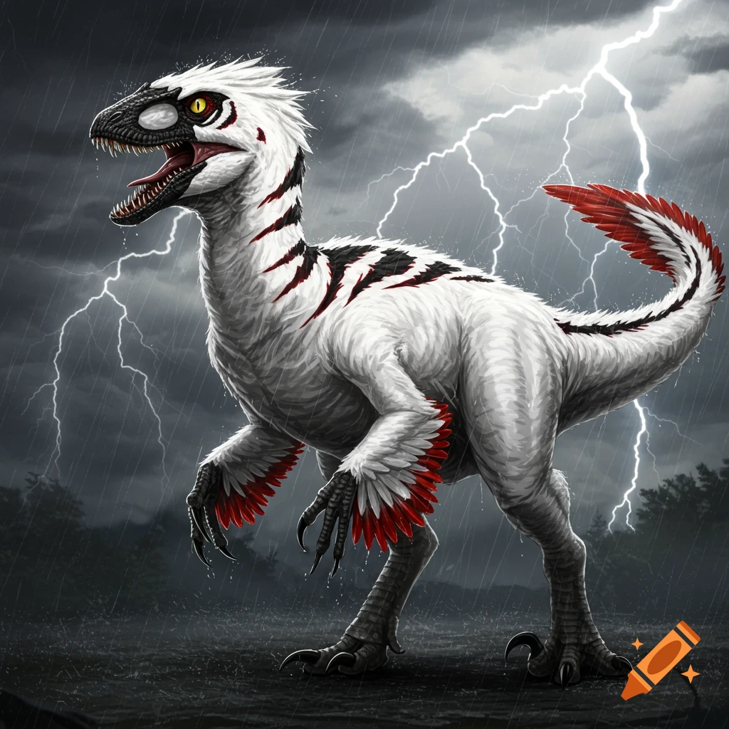 A white feathered raptor hybrid dinosaur with black and red patterns and yellow eyes stands in a stormy landscape with lightning and rain.