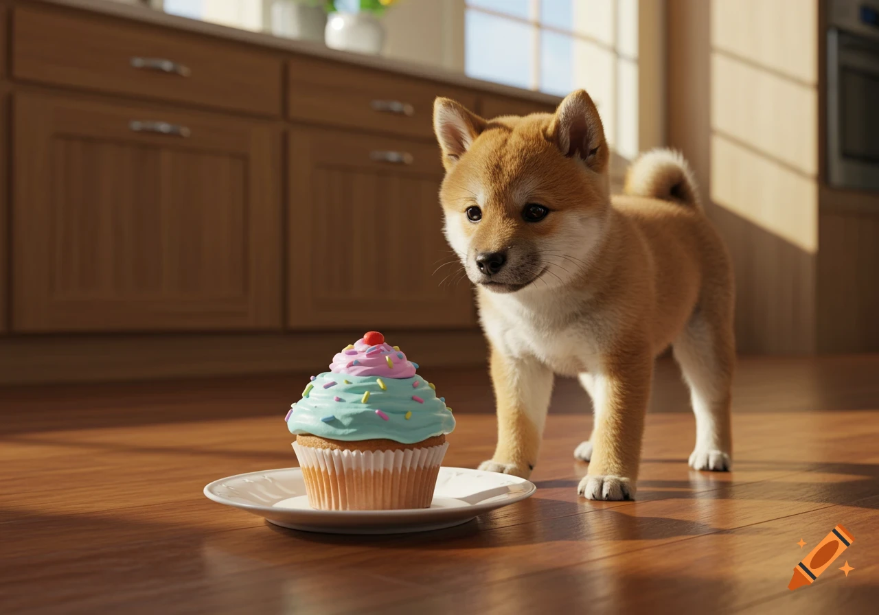 A cute Shiba Inu puppy looking intently at a colorful cupcake on a white plate on a wooden floor in a sunlit kitchen.