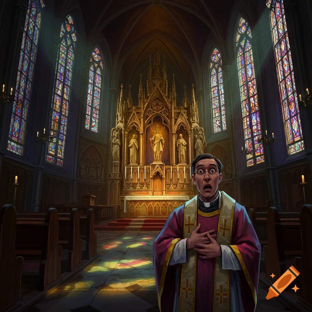 A scared priest with wide eyes and hands clutched to his chest stands in the aisle of a large church with stained glass windows.