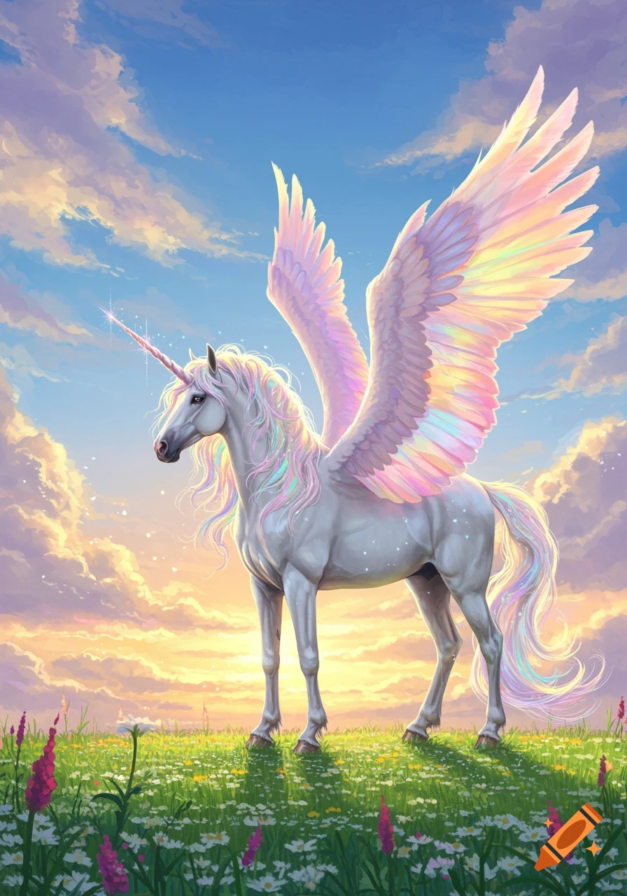 A majestic white unicorn with rainbow horn, mane, tail, and wings stands in a vibrant green meadow under a colorful sky.