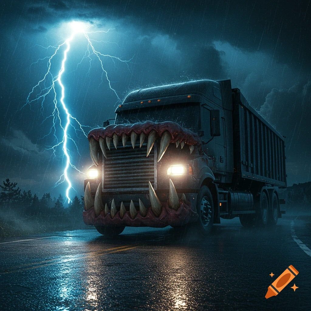 A monstrous truck with sharp teeth on its grille drives on a wet road at night during a thunderstorm with lightning.