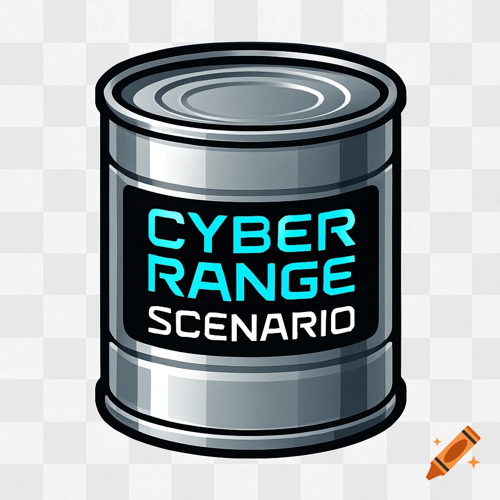 A stylized tin can with a black label that reads 'CYBER RANGE SCENARIO' in blue and white text, on a transparent background.