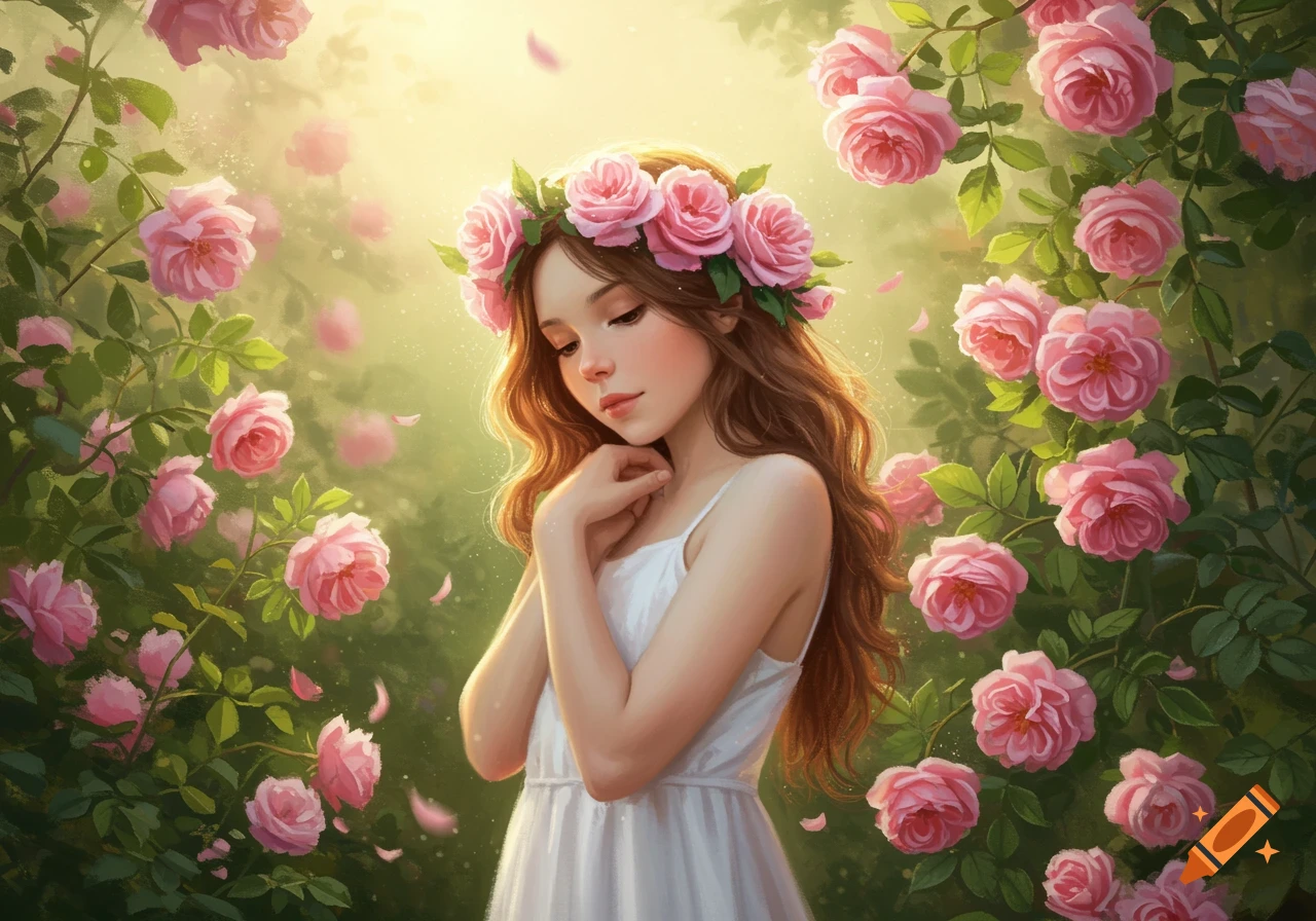 A young girl in a white dress with a pink rose wreath stands in a sunlit garden surrounded by pink roses.