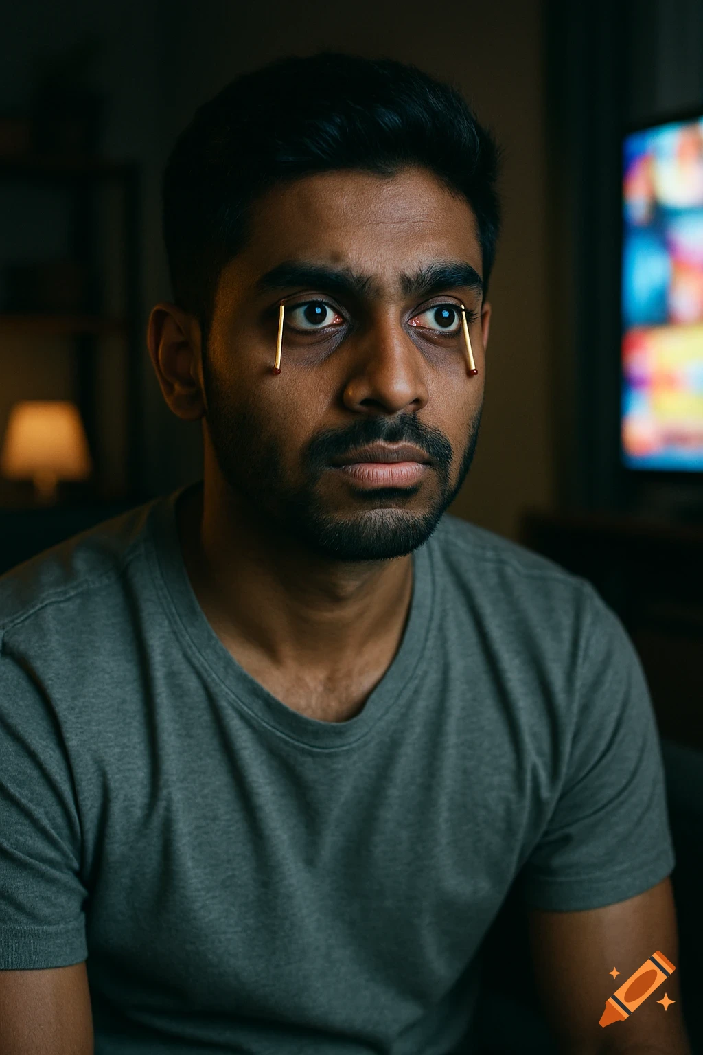 Photorealistic portrait of a young Indian man with matchsticks holding his eyes open, looking exhausted in a dimly lit room.