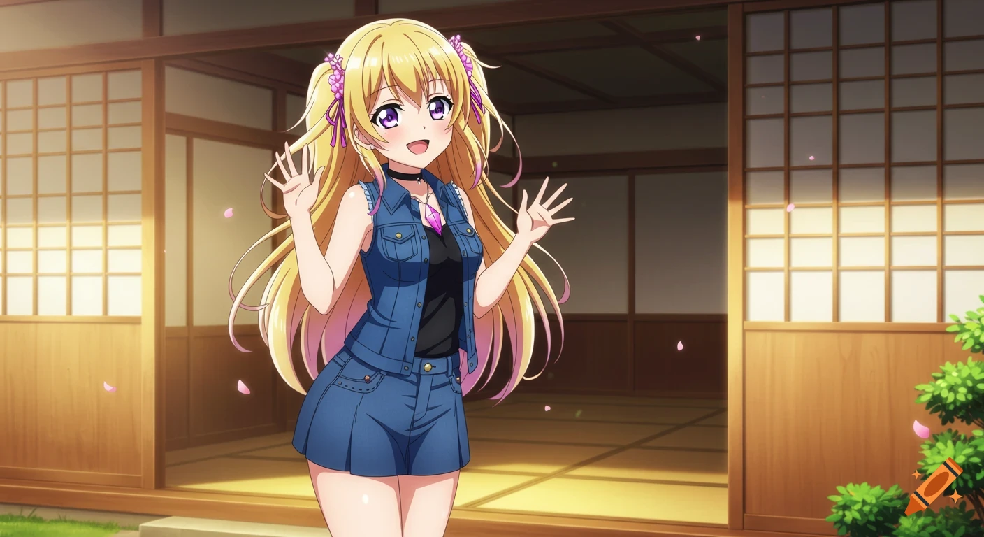 A smiling anime girl with long blonde hair and purple eyes, wearing a denim outfit, waves from a traditional Japanese doorway.