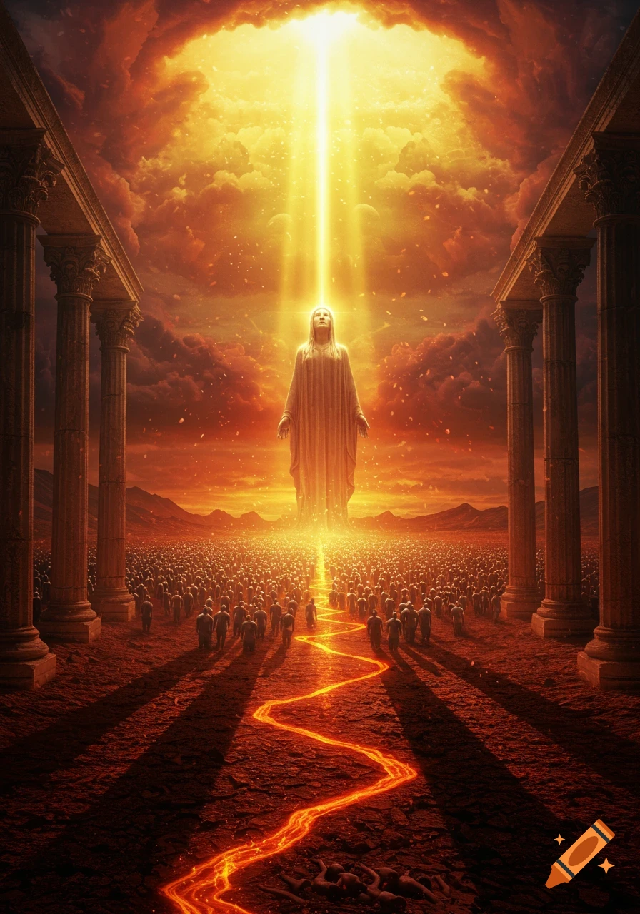 A towering robed figure bathed in golden light stands over a vast multitude on a fiery, desolate landscape with classical columns, depicting Judgment Day.