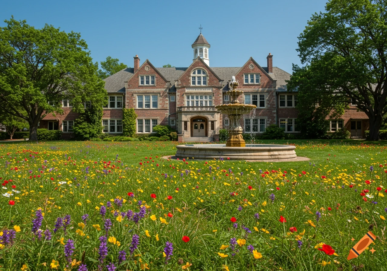 A large brick school building with a fountain in a meadow of colorful wildflowers under a clear blue sky.